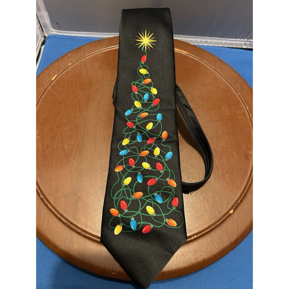 Tie Tales Black Men's 100% Polyester Tie Christmas Lights Necktie Tree Star